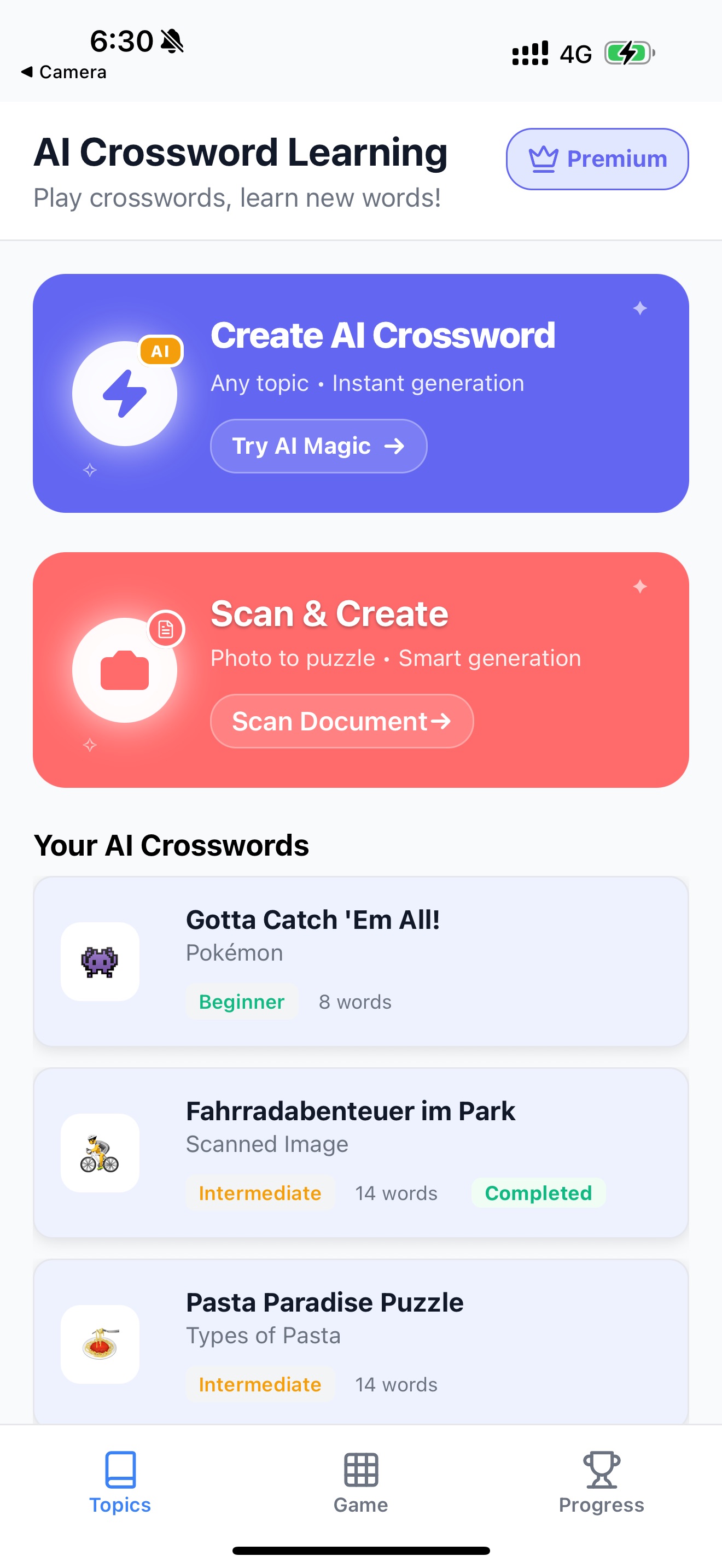 Crossword Learn app interface showing puzzle creation and gameplay
